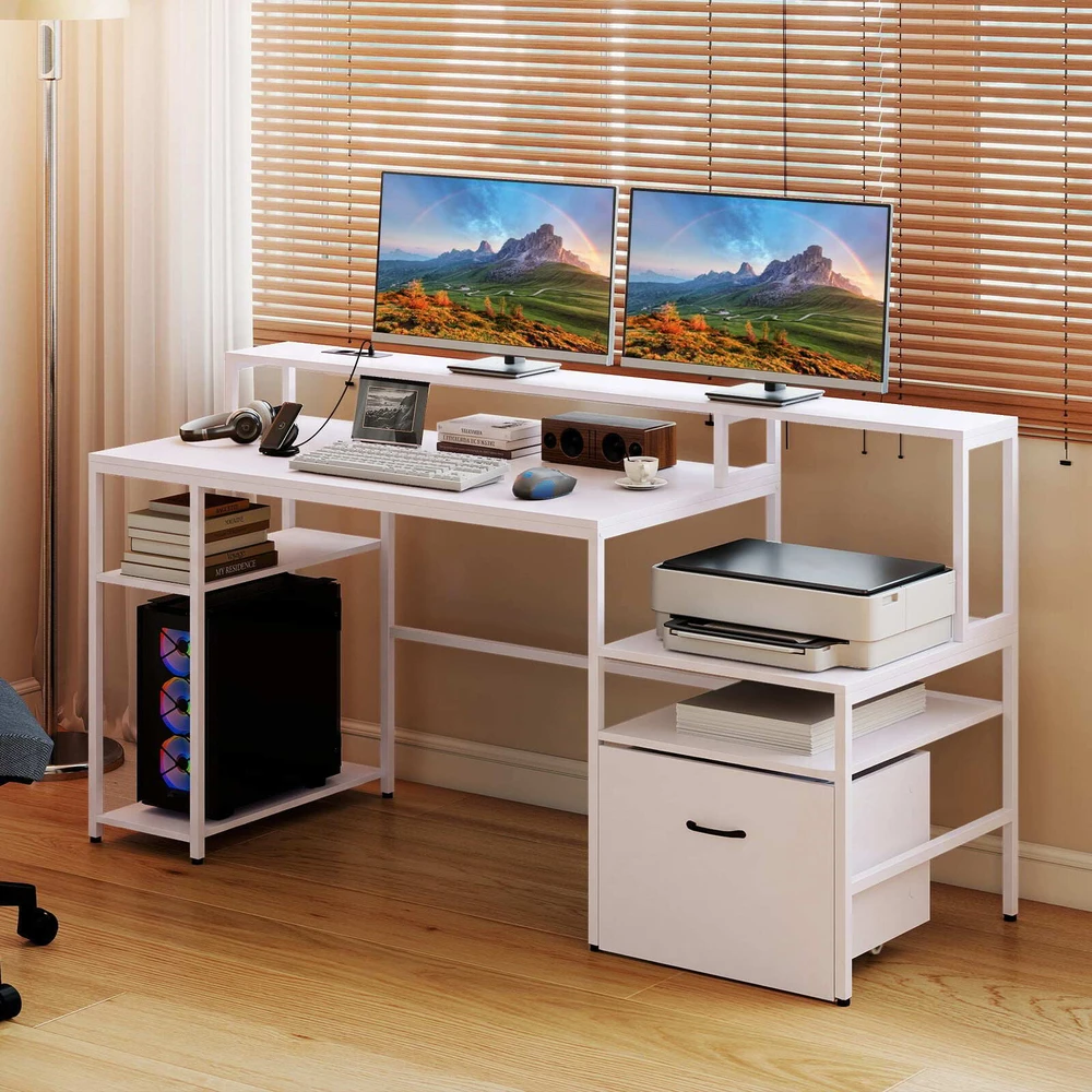 Promotions Kompiuterio stalas su įkrovimo stotele ir pakelta monitoriaus stovėjimo vieta 166x60x88 cm baltas