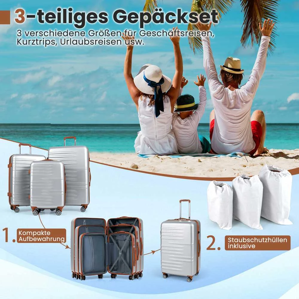 Promotions Lagaminų rinkinys, 3 dalių kietas korpusas su TSA užraktu, 40x23x58 cm, sidabrinis