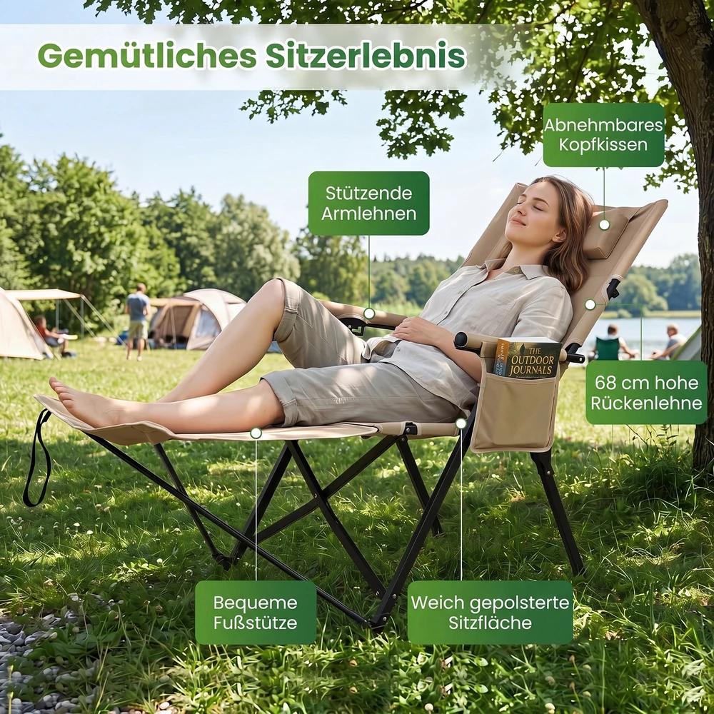Promotions Lankstomas stovyklavimo kėdė su kojų atrama 156,5x52x82,5 cm chaki