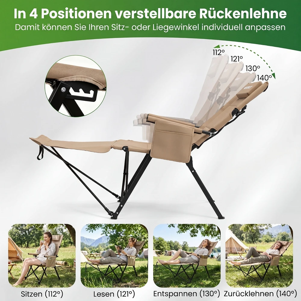 Promotions Lankstomas stovyklavimo kėdė su kojų atrama 156,5x52x82,5 cm chaki