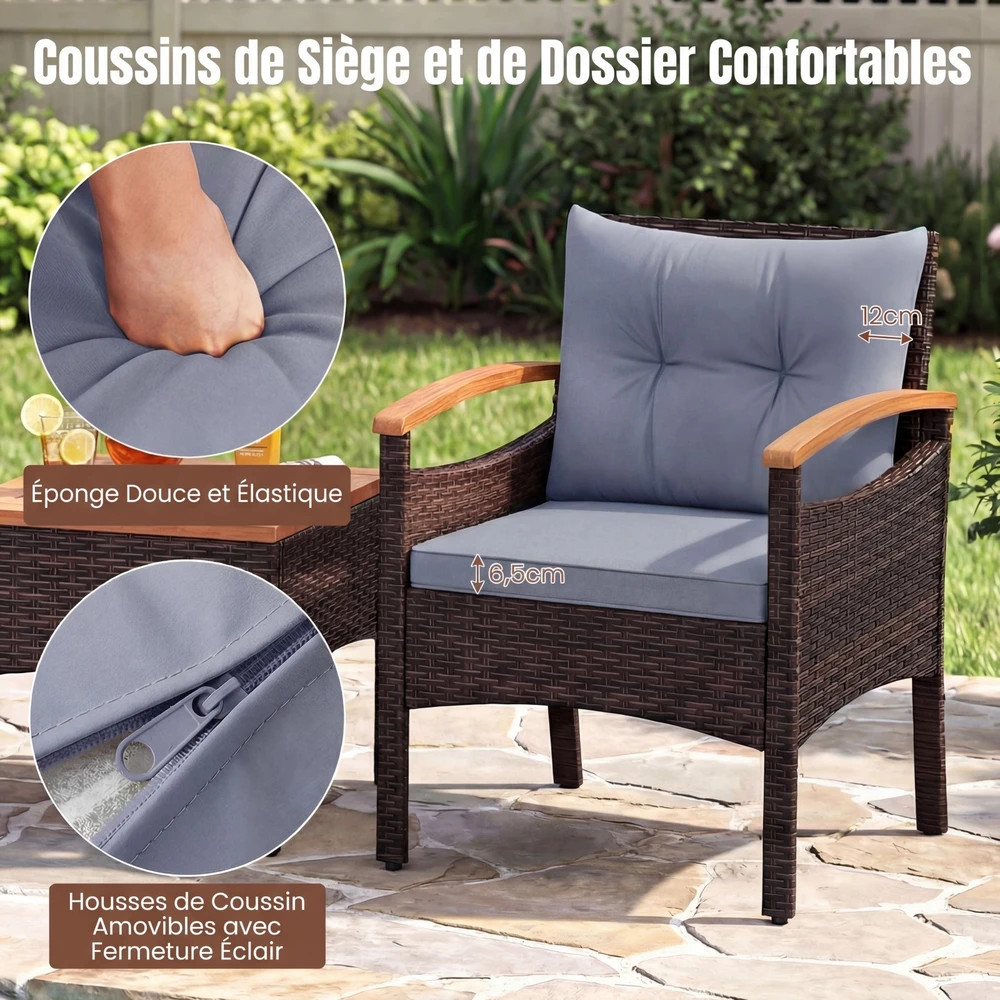 Promotions Lauko baldų komplektas 3 dalių rotango kėdės ir kavos staliukas 60,5x60x73 cm pilka