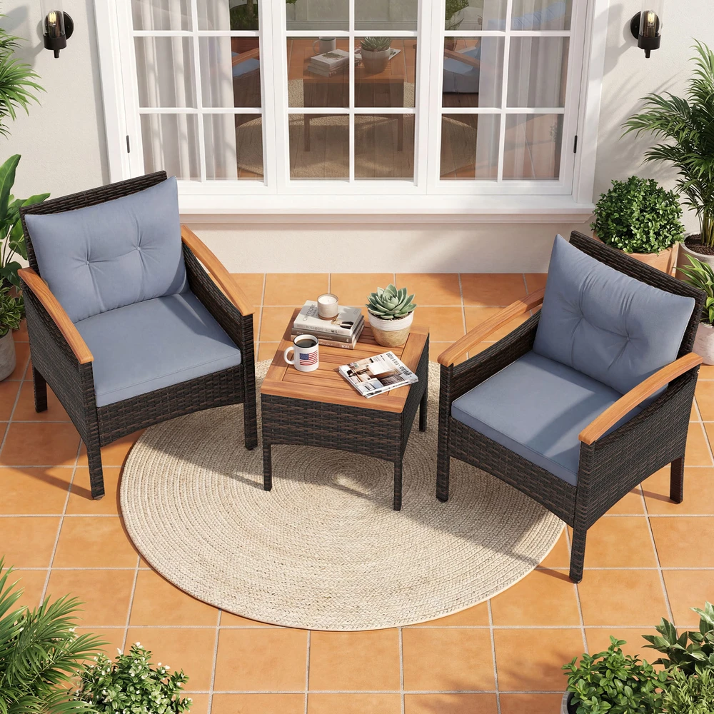 Promotions Lauko baldų komplektas 3 dalių rotango kėdės ir kavos staliukas 60,5x60x73 cm pilka