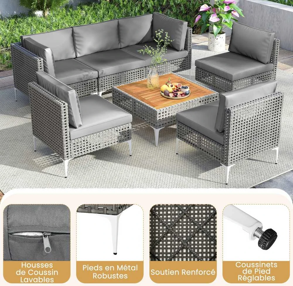 Promotions Lauko Baldų Komplektas, 7 dalių Kampinė sofa su pagalvėlėmis ir kavos staliuku, Pilka, Akacijos mediena