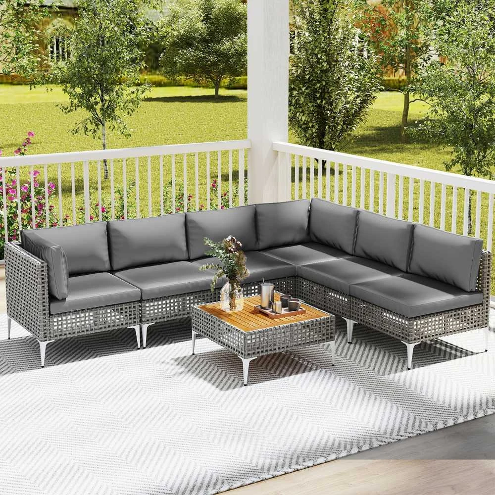 Promotions Lauko Baldų Komplektas, 7 dalių Kampinė sofa su pagalvėlėmis ir kavos staliuku, Pilka, Akacijos mediena