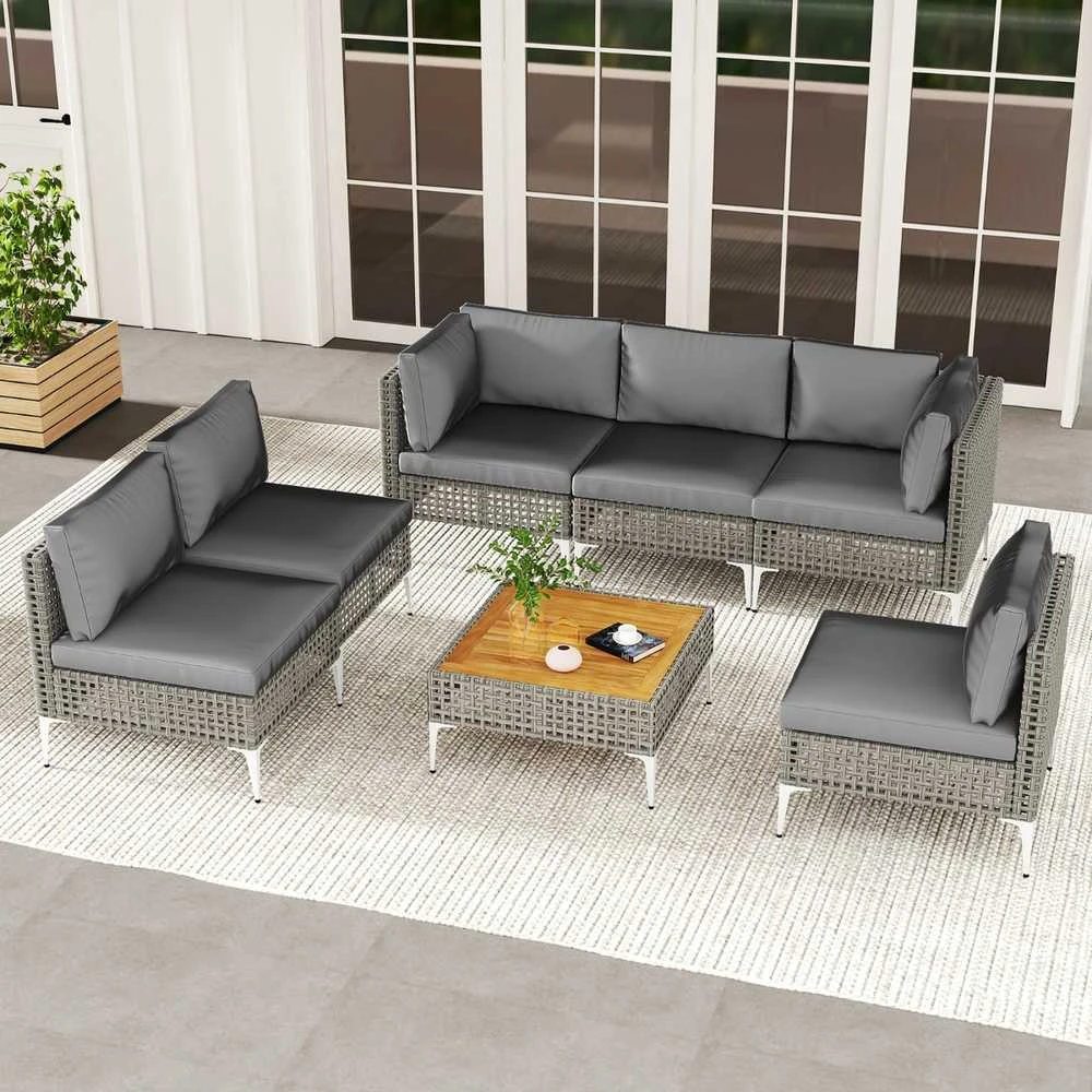 Promotions Lauko Baldų Komplektas, 7 dalių Kampinė sofa su pagalvėlėmis ir kavos staliuku, Pilka, Akacijos mediena