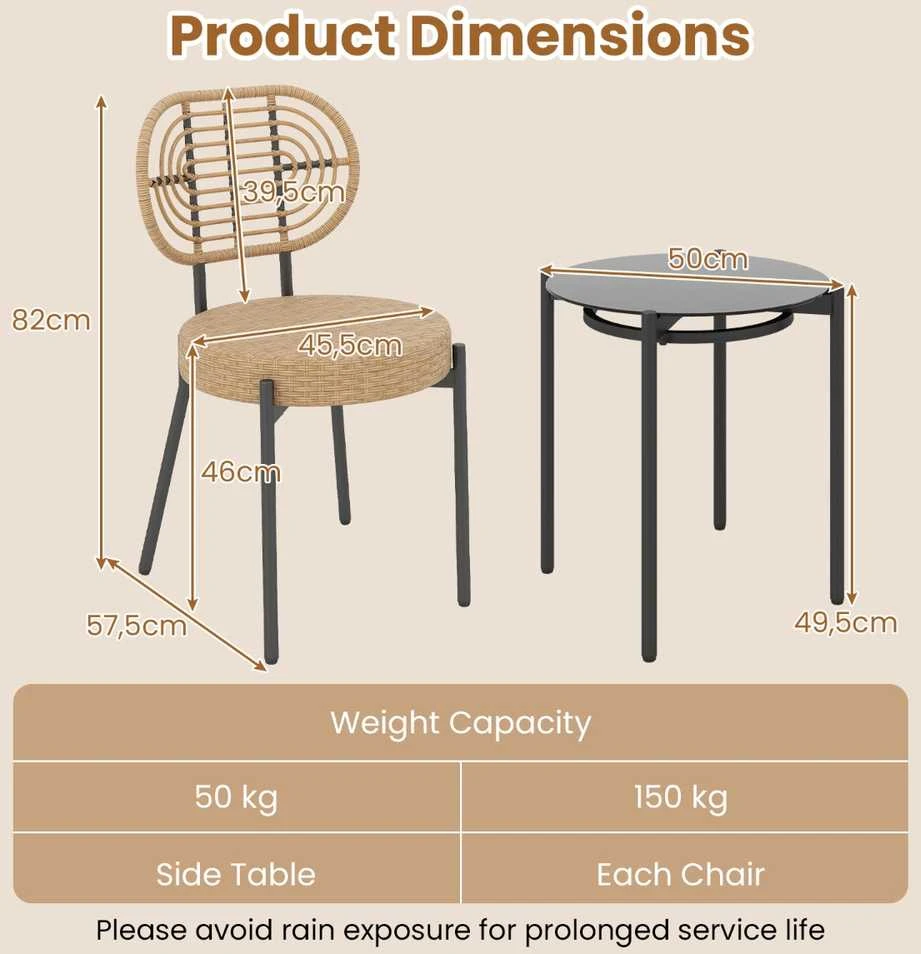Lauko baldų komplektas Promotions Lauko bistro komplektas, 3 dalys, 57.5x45.5x82 cm, ruda, PE vytelė