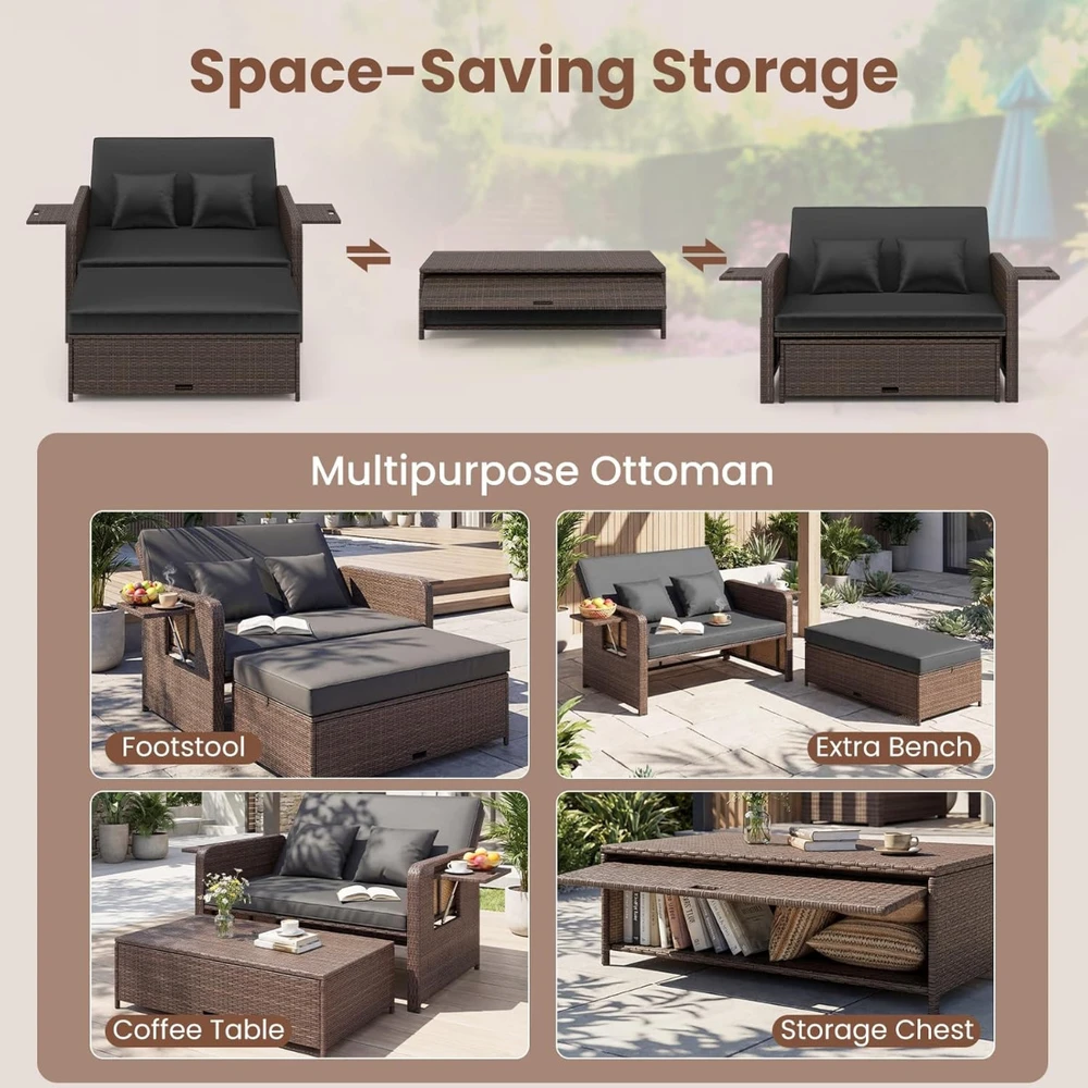Promotions Lauko poilsio baldų komplektas, atlošiama sofa su pufiku, juodas rotangas