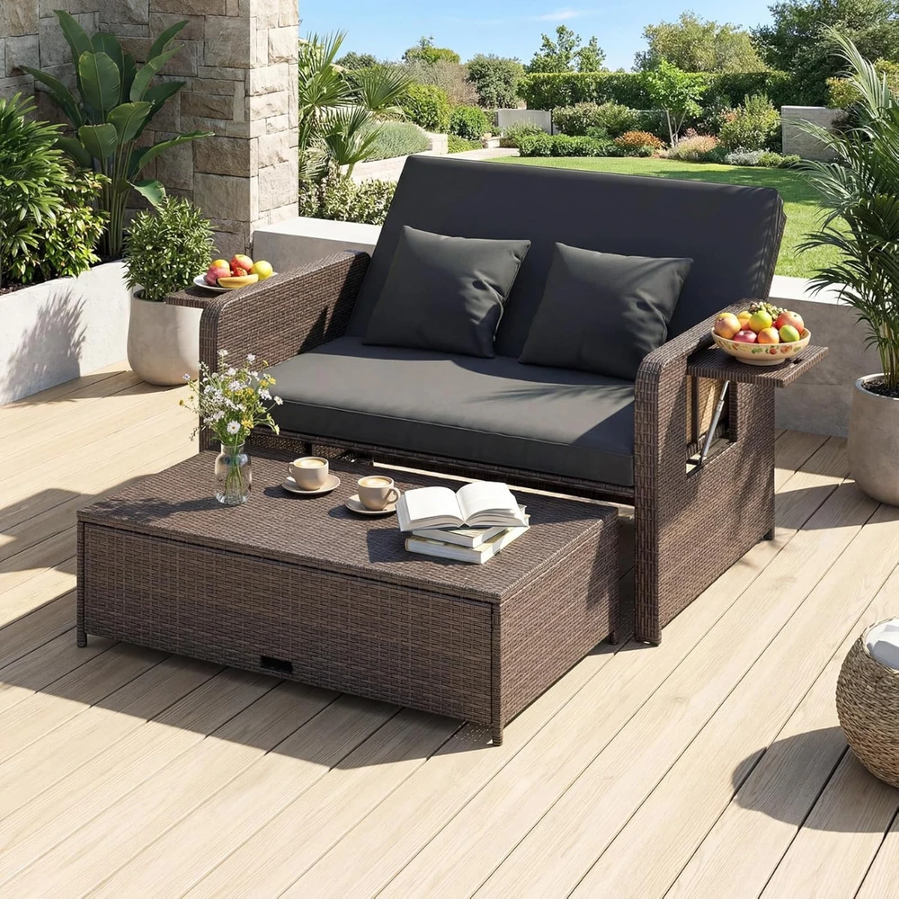 Promotions Lauko poilsio baldų komplektas, atlošiama sofa su pufiku, juodas rotangas
