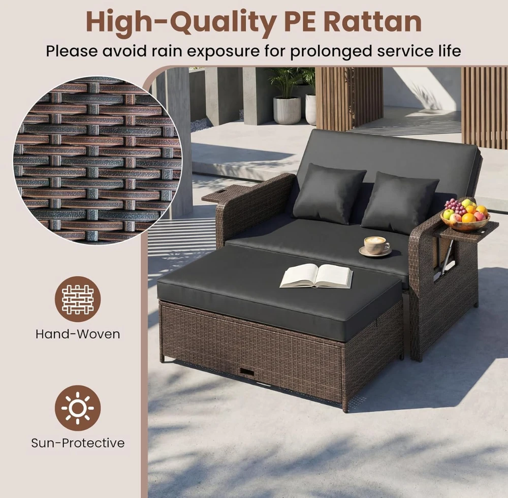 Promotions Lauko poilsio baldų komplektas, atlošiama sofa su pufiku, juodas rotangas
