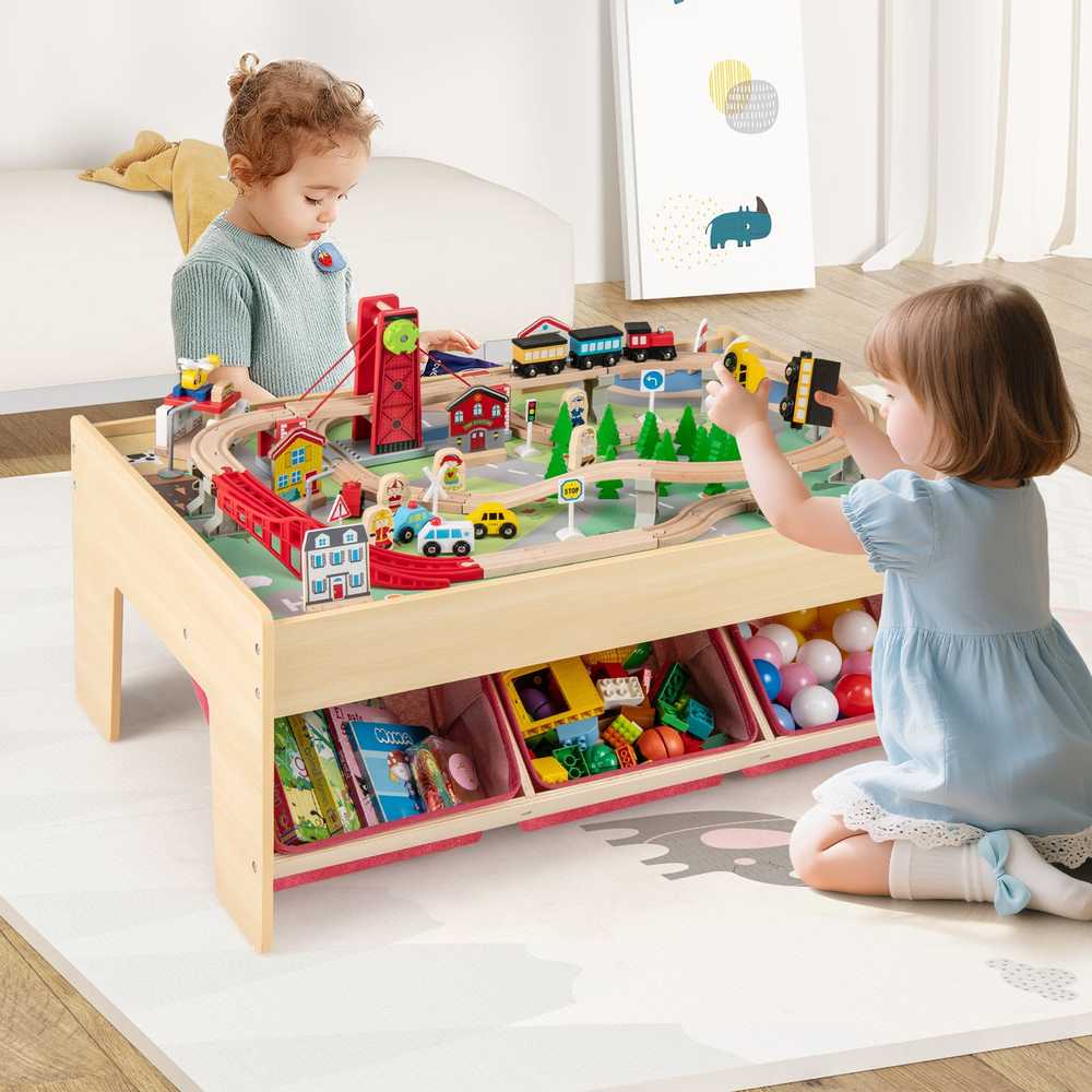 Promotions Medinis traukinių rinkinys su stalu, 91,4x63,5x39,4 cm, raudonas