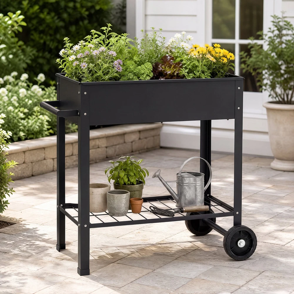 Promotions Metalinis pakeltas daržovių lysvės lovelis su ratukais ir lentyna 88x37x80 cm juodas