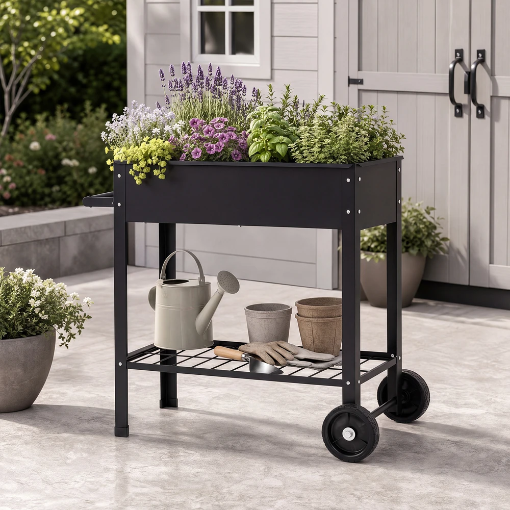 Promotions Metalinis pakeltas daržovių lysvės lovelis su ratukais ir lentyna 88x37x80 cm juodas
