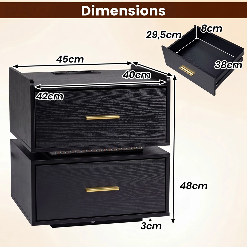 Promotions Naktinis staliukas rinkinys su LED naktine lempa ir įkrovimo stotele 45x40x48 cm juodas metalinis pagrindas