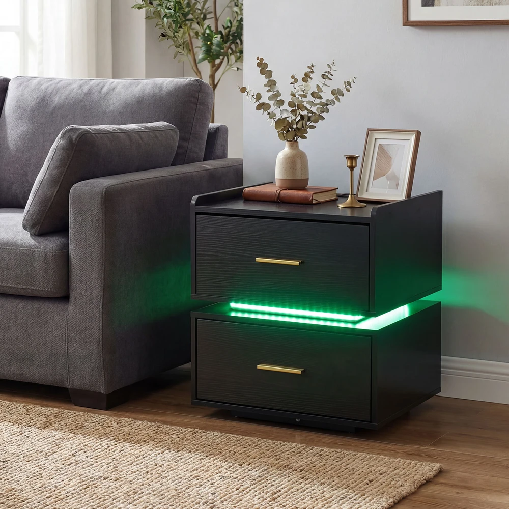 Promotions Naktinis staliukas rinkinys su LED naktine lempa ir įkrovimo stotele 45x40x48 cm juodas metalinis pagrindas