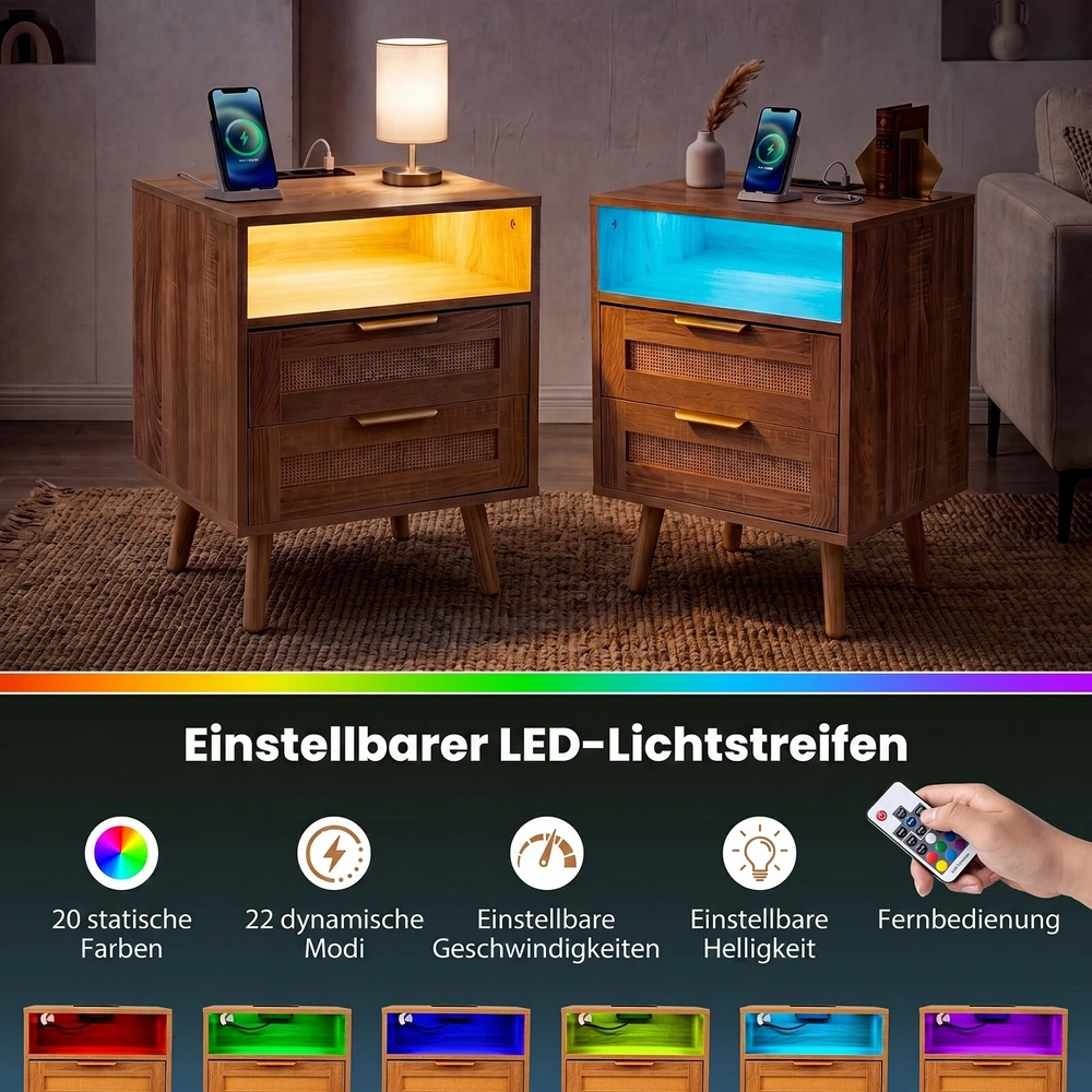 Promotions Naktinis staliukas su įkrovimo stotele ir LED apšvietimu 2 stalčiai 45x35x61,5 cm natūralus
