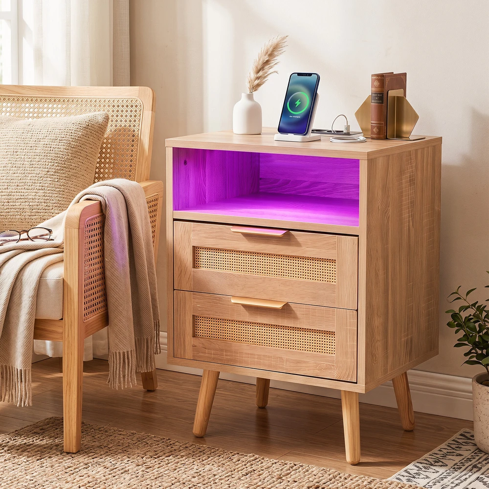 Promotions Naktinis staliukas su įkrovimo stotele ir LED apšvietimu 2 stalčiai 45x35x61,5 cm natūralus