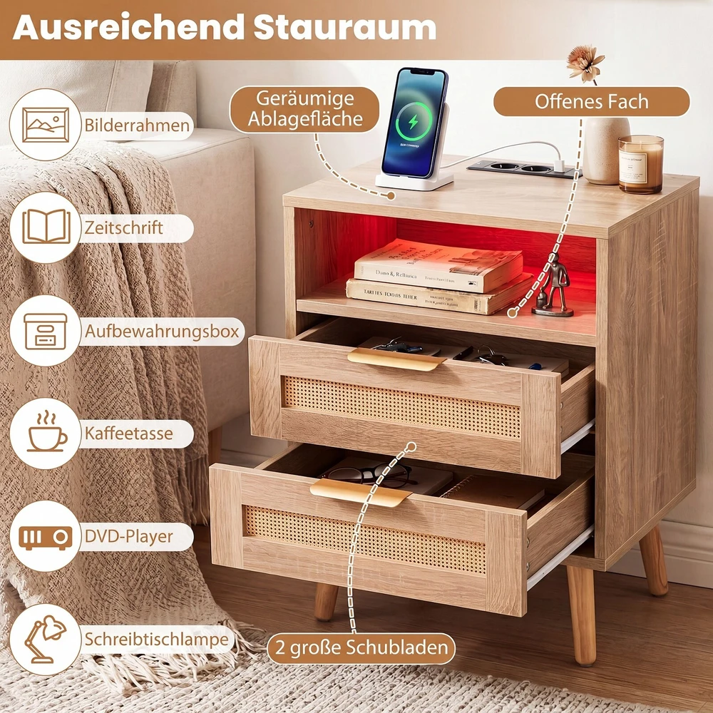 Promotions Naktinis staliukas su įkrovimo stotele ir LED apšvietimu 2 stalčiai 45x35x61,5 cm natūralus