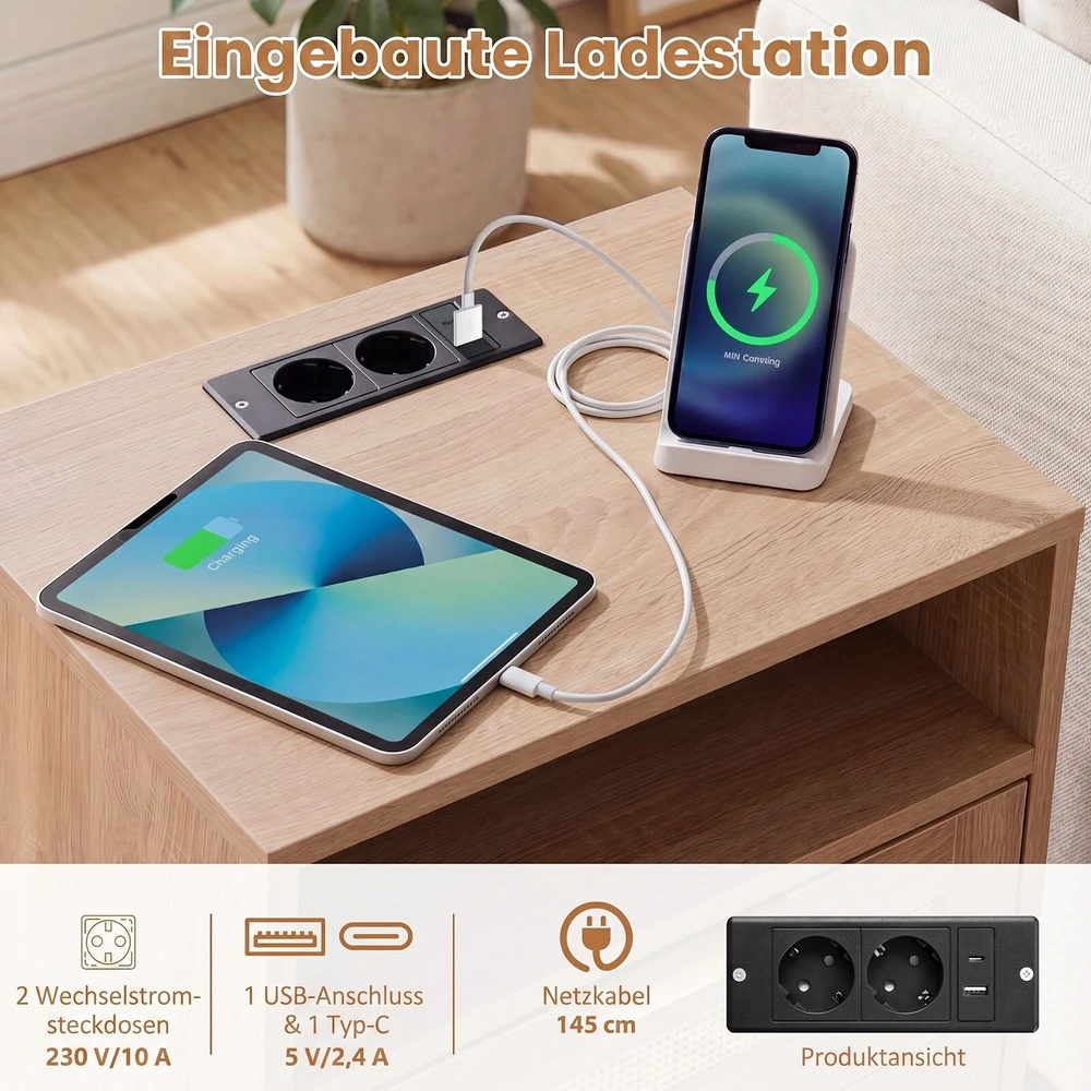 Promotions Naktinis staliukas su įkrovimo stotele ir LED apšvietimu 2 stalčiai 45x35x61,5 cm natūralus