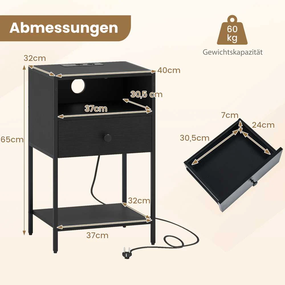 Promotions Naktinių staliukų komplektas, 39.4x31.8x64.8 cm, juoda, įkrovimo stotelė, laikymas