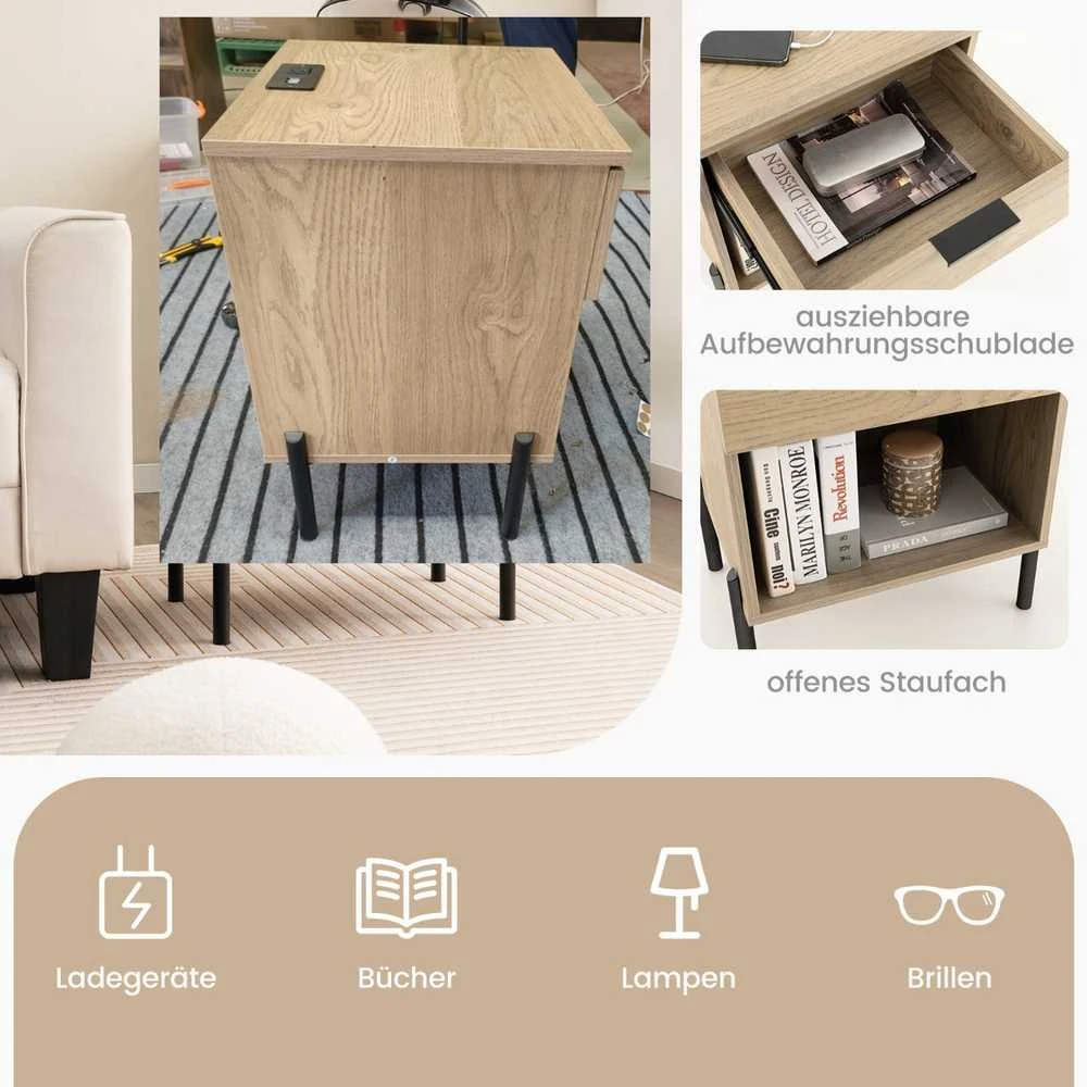 Promotions Naktinių staliukų komplektas 2 vnt., 45x40x58 cm, natūralios spalvos, su įkrovimo stotele, mediniai