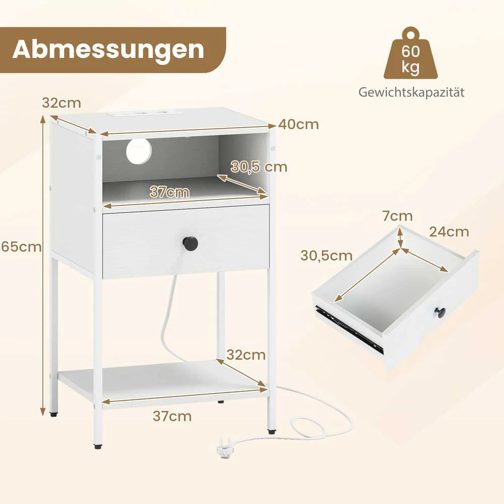 Promotions Naktinių staliukų komplektas, 39,4x31,8x64,8 cm, balta, įkrovimo stotelė, laikymas