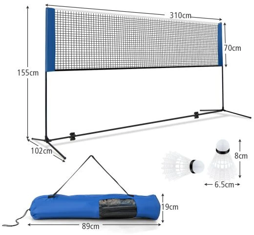 Promotions Nešiojama badmintono tinklas su stulpeliais ir nešiojimo krepšiu, reguliuojamas aukštis 85-155 cm, mėlynas