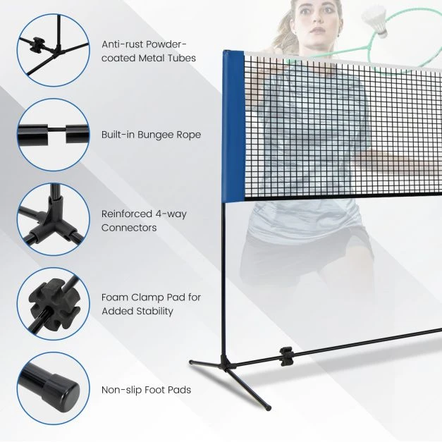 Promotions Nešiojama badmintono tinklas su stulpeliais ir nešiojimo krepšiu, reguliuojamas aukštis 85-155 cm, mėlynas