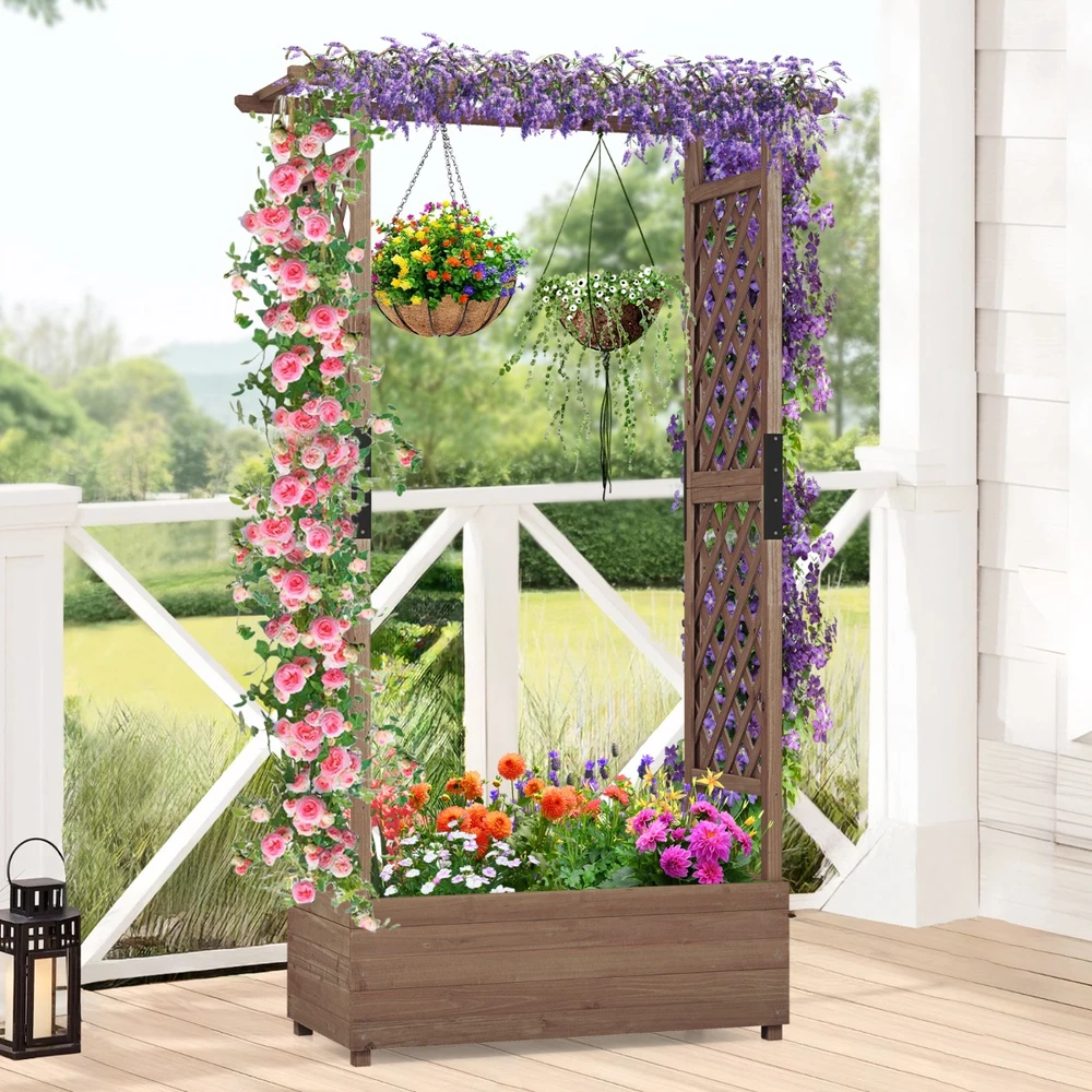 Promotions Pakelta daržinė lysvė su 2 šoninėmis grotelių tvorelėmis ir kabančiu stogu 182x110x44 cm kavos spalvos