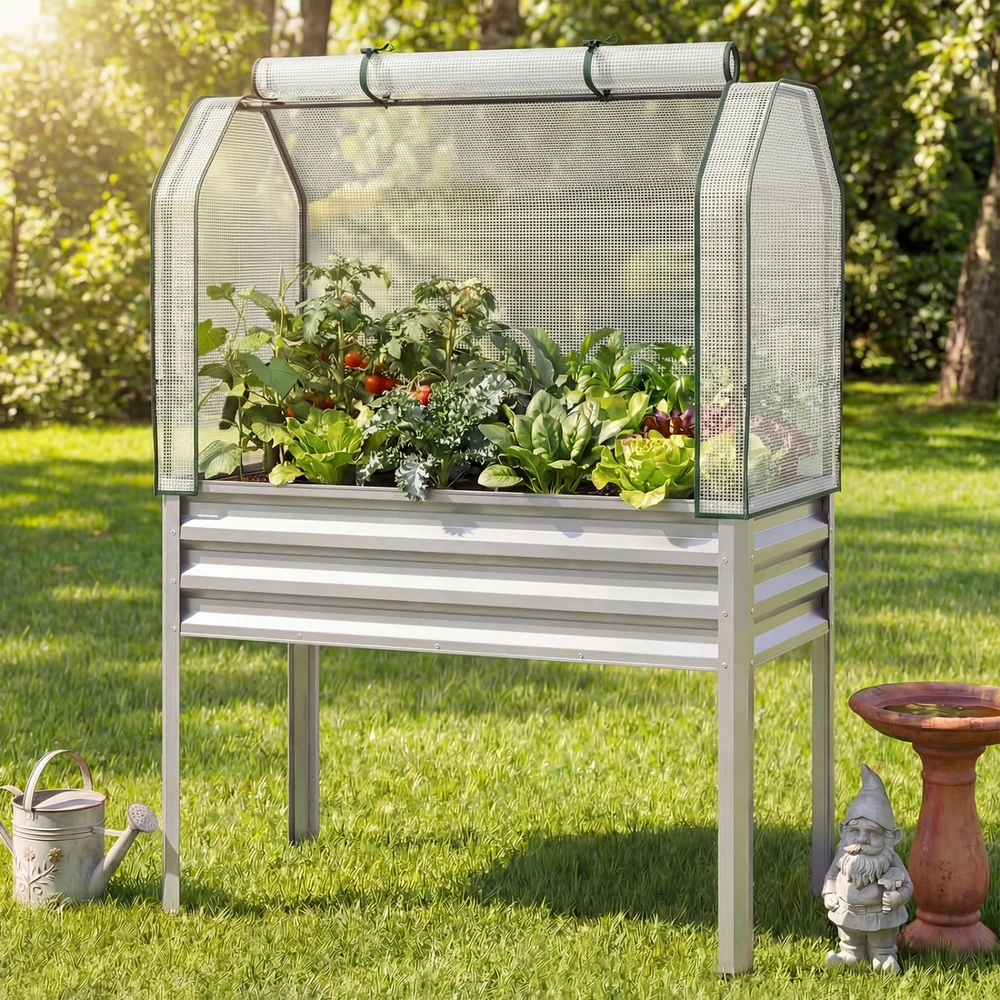 Promotions Pakelta daržinė lysvė su šiltnamio uždengimu 112x55.9x152.4 cm sidabrinė metalinė