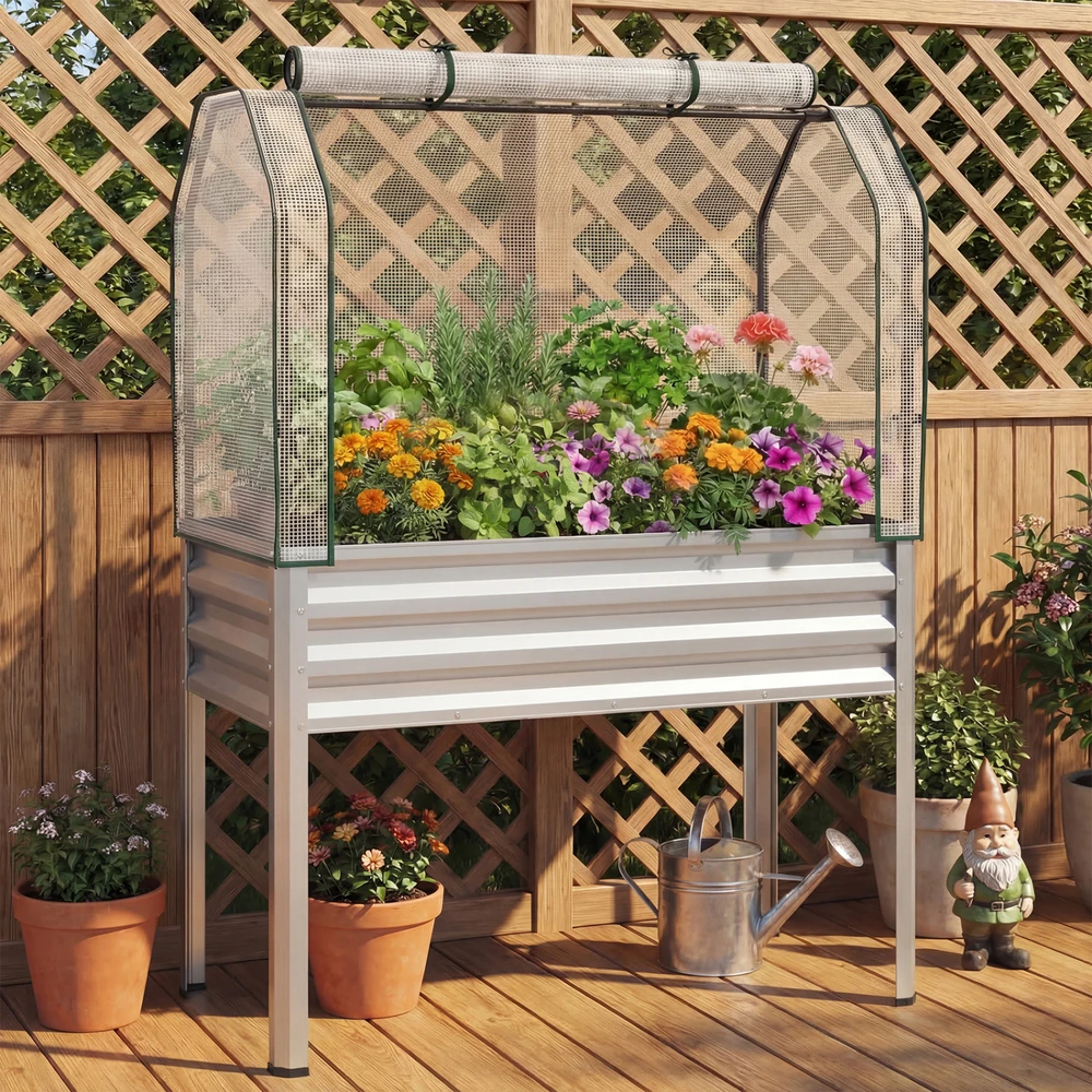 Promotions Pakelta daržinė lysvė su šiltnamio uždengimu 112x55.9x152.4 cm sidabrinė metalinė