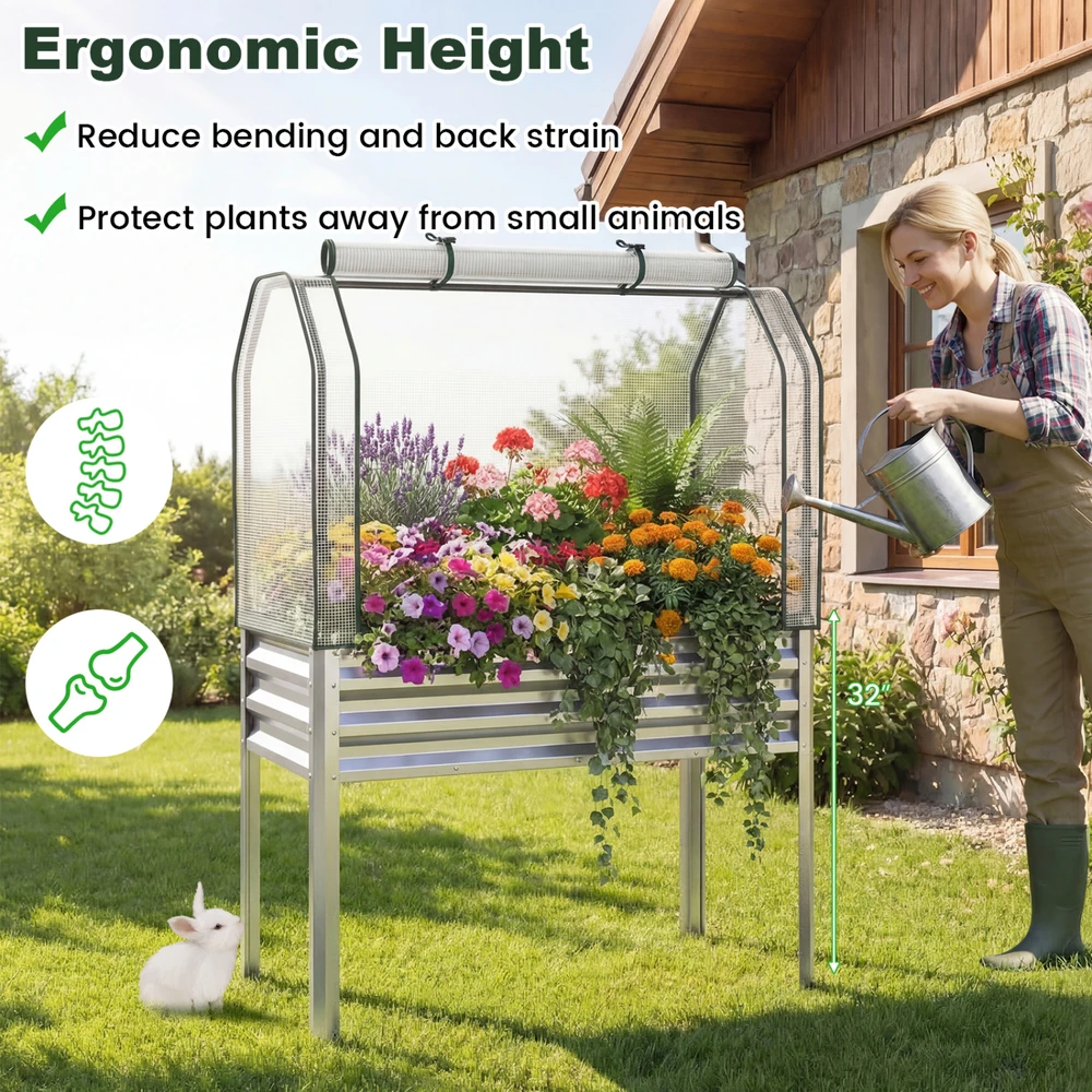 Promotions Pakelta daržinė lysvė su šiltnamio uždengimu 112x55.9x152.4 cm sidabrinė metalinė