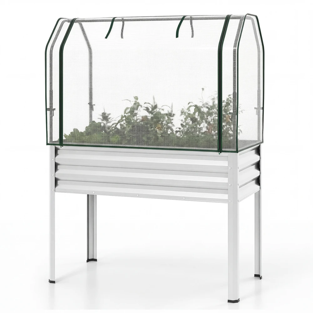 Promotions Pakelta daržinė lysvė su šiltnamio uždengimu 112x55.9x152.4 cm sidabrinė metalinė