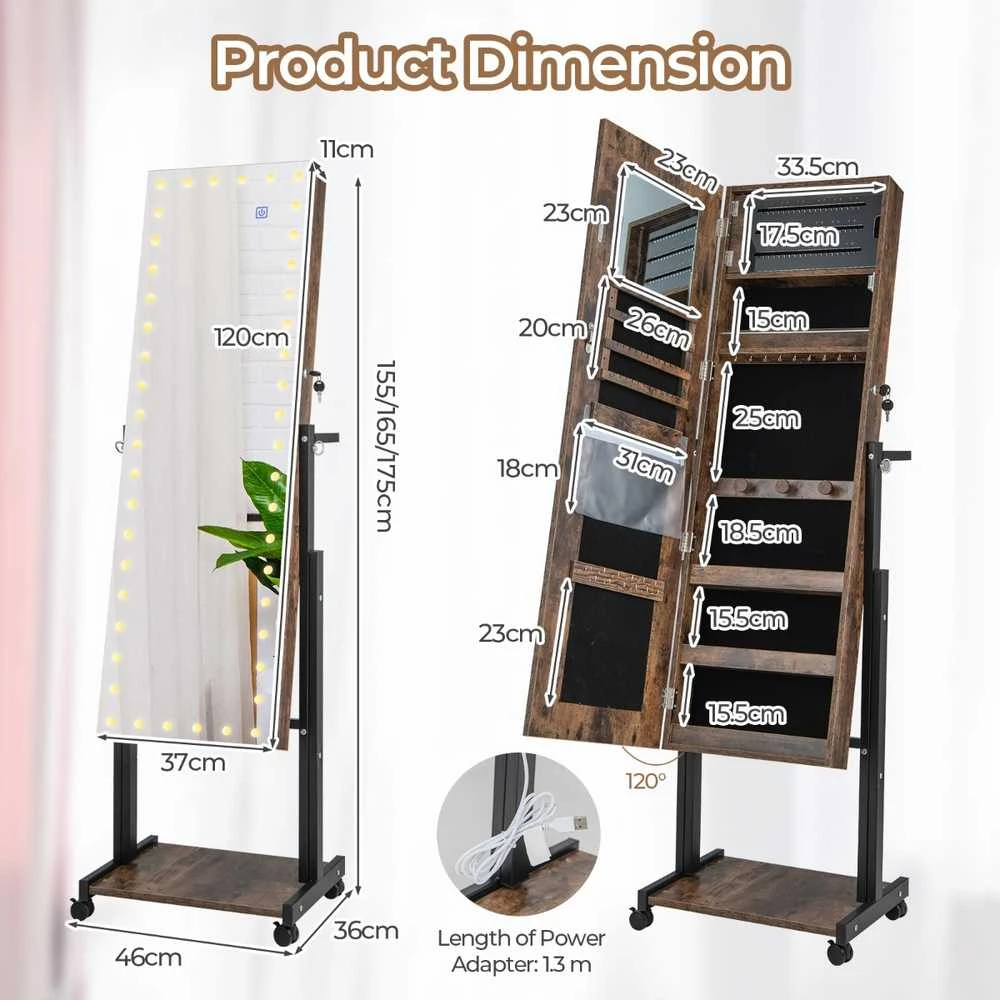 Promotions Papuošalų spintelė, Reguliuojamo aukščio pilno ilgio veidrodis, 45,7x35,6x155-175,3 cm, Balta