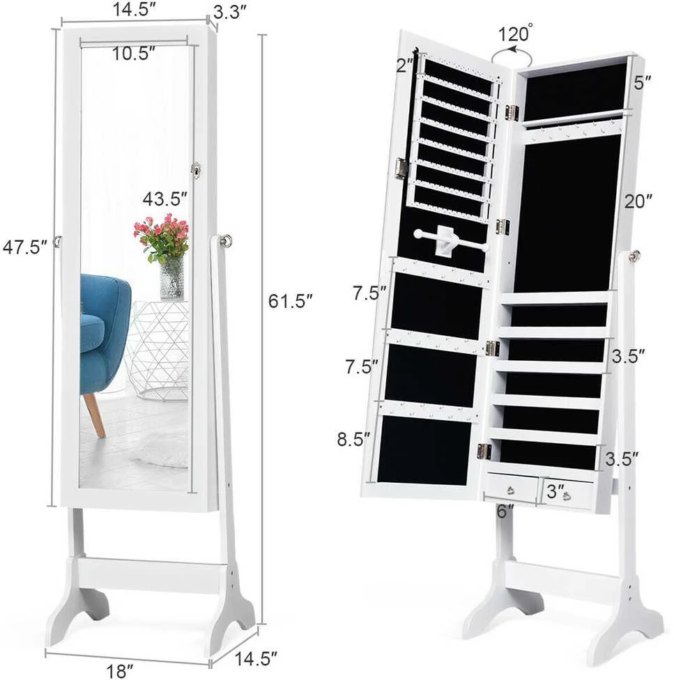 Promotions Papuošalų spintelė, Užrakinama veidrodinė spinta, 45.7x36.8x156.2 cm, Balta