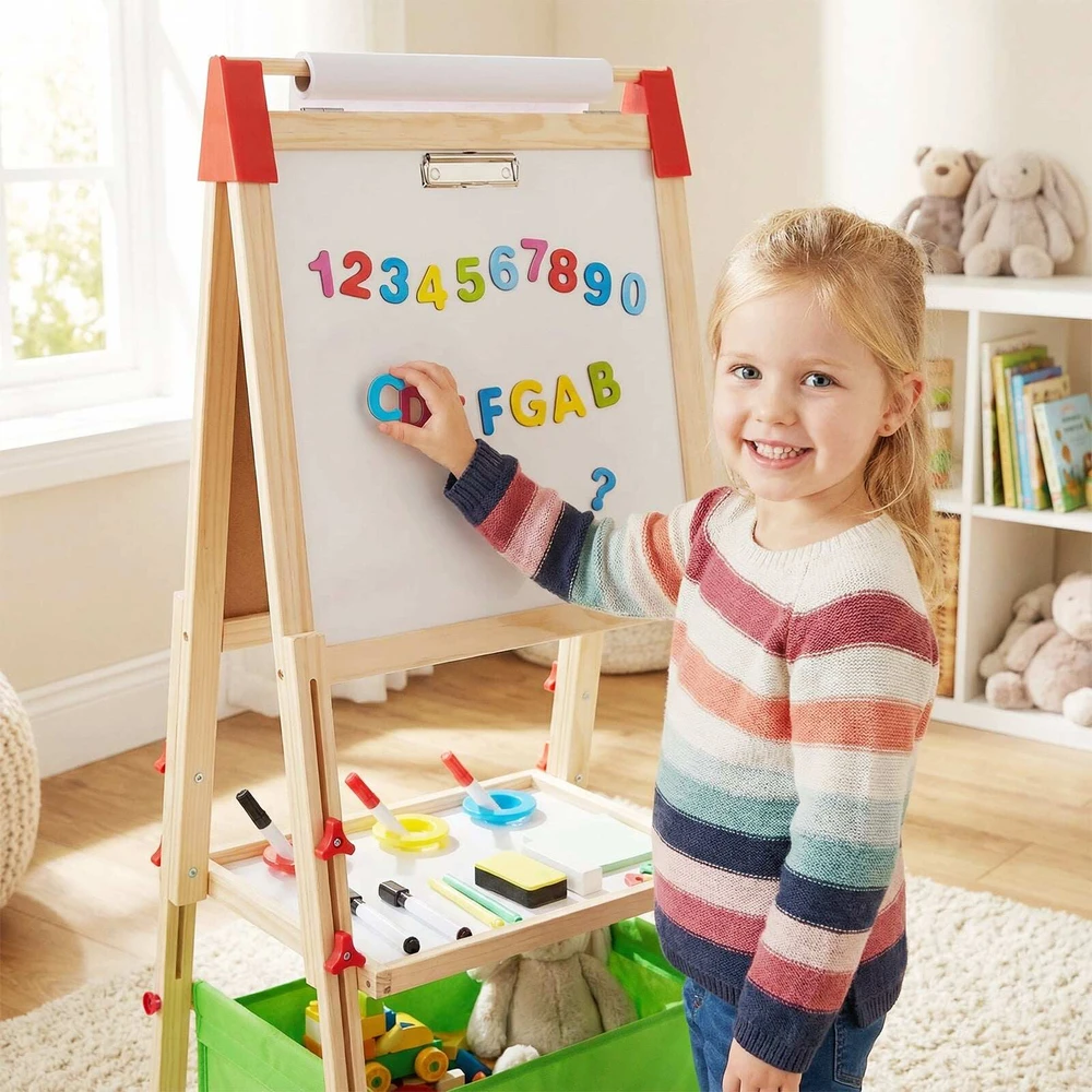 Promotions Reguliuojamo aukščio dvipusis vaikų molbertas 44x40x102-126 cm natūralus/mėlynas/žalias/rožinis