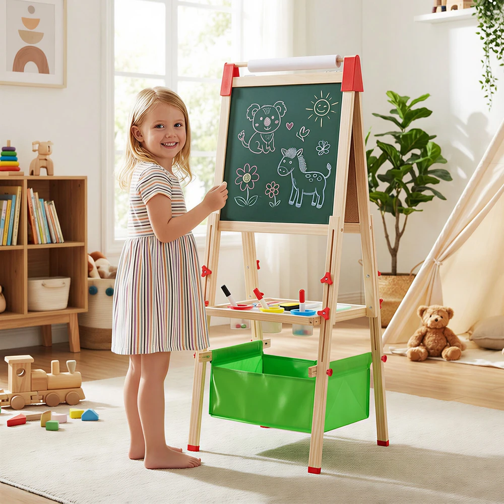 Promotions Reguliuojamo aukščio dvipusis vaikų molbertas 44x40x102-126 cm natūralus/mėlynas/žalias/rožinis