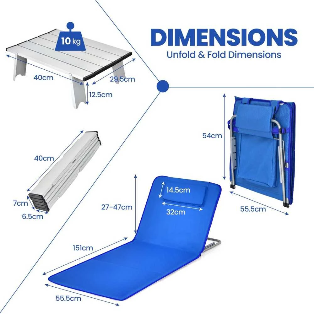 Promotions Reguliuojamos poilsio kėdės su sulankstomu stalu, 151x55,5x27-47 cm, mėlynos spalvos