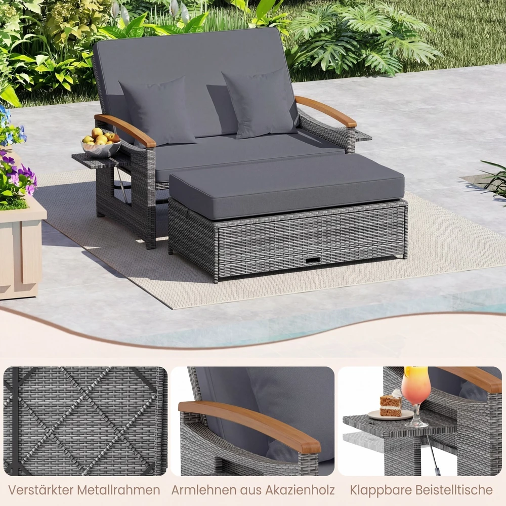 Promotions Rotango sodo suoliuko ir pufų komplektas 2 vietų 164/119x72-111x54,5-88 cm pilka/kreminė