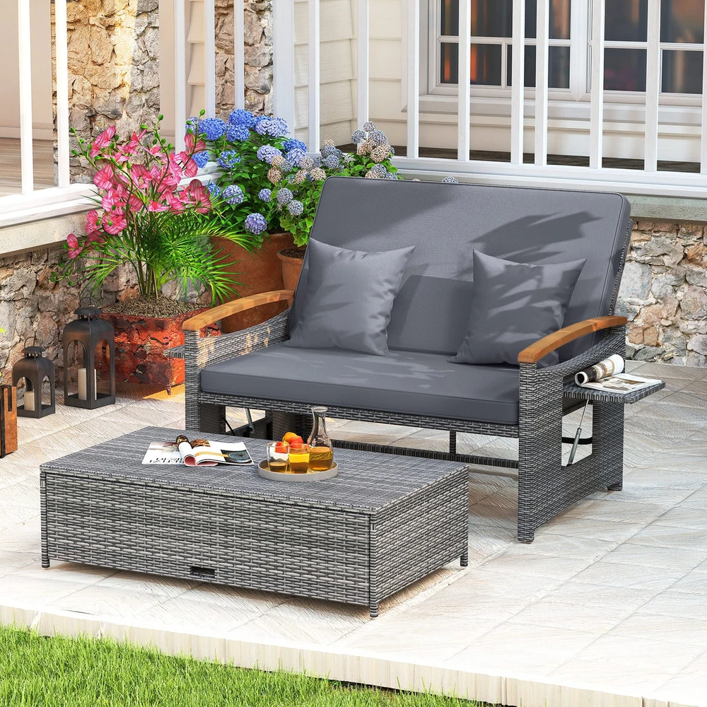 Promotions Rotango sodo suoliuko ir pufų komplektas 2 vietų 164/119x72-111x54,5-88 cm pilka/kreminė