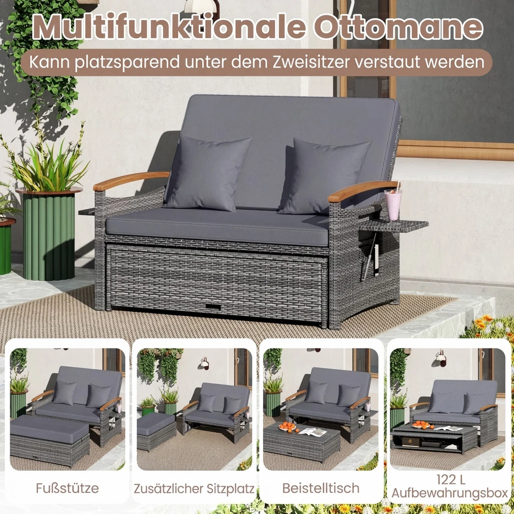 Promotions Rotango sodo suoliuko ir pufų komplektas 2 vietų 164/119x72-111x54,5-88 cm pilka/kreminė