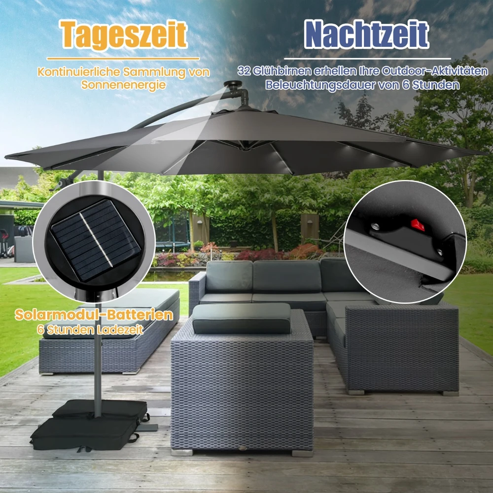Promotions Skėtis su saulės energija veikiančiomis LED šviesomis ir smėlio maišais Ø300 cm pilkas