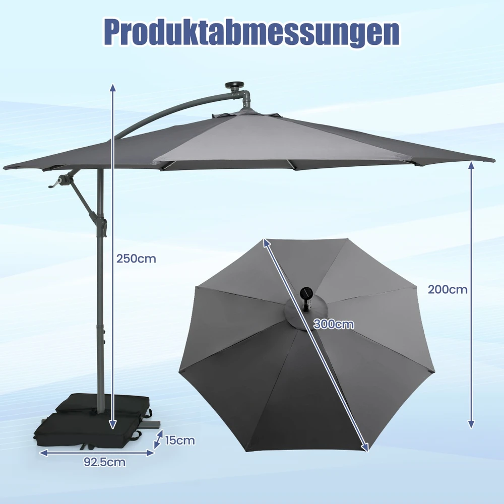 Promotions Skėtis su saulės energija veikiančiomis LED šviesomis ir smėlio maišais Ø300 cm pilkas