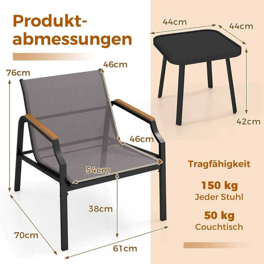 Lauko baldų komplektas Promotions Sodo baldų komplektas, 3 dalių, 70x61x76 cm kėdė, 44x44x42 cm stalas, Pilka