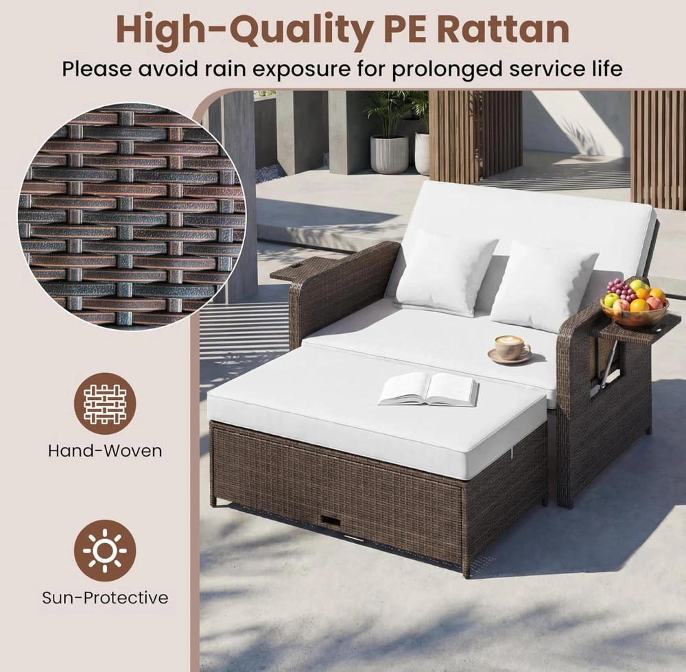 Promotions Sodo baldų komplektas, atlošiama poilsio sofa su pufiku, balto ratano