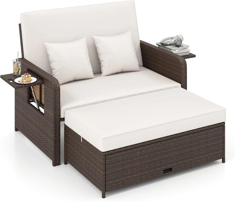 Promotions Sodo baldų komplektas, atlošiama poilsio sofa su pufiku, balto ratano