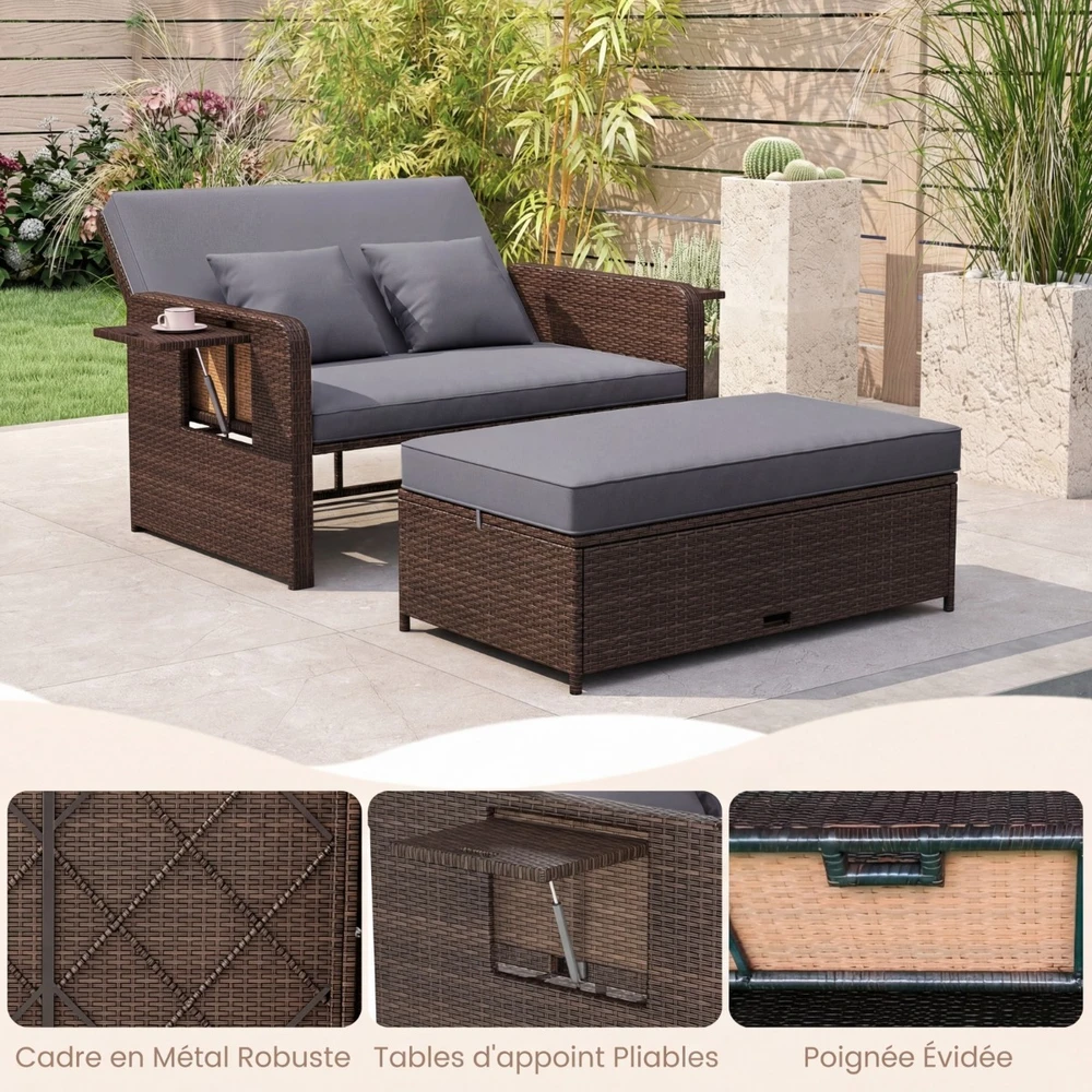 Promotions Sodo lova Dviejų vietų sofa ir daiktadėžė pufas 166x111x88 cm Ruda