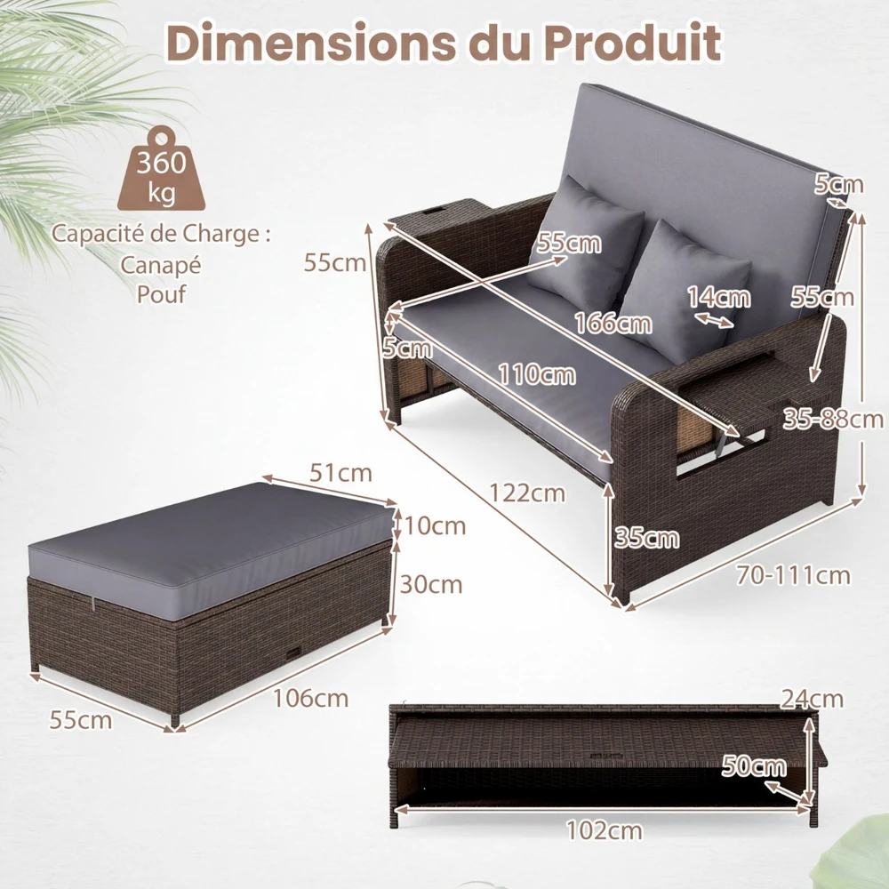 Promotions Sodo lova Dviejų vietų sofa ir daiktadėžė pufas 166x111x88 cm Ruda