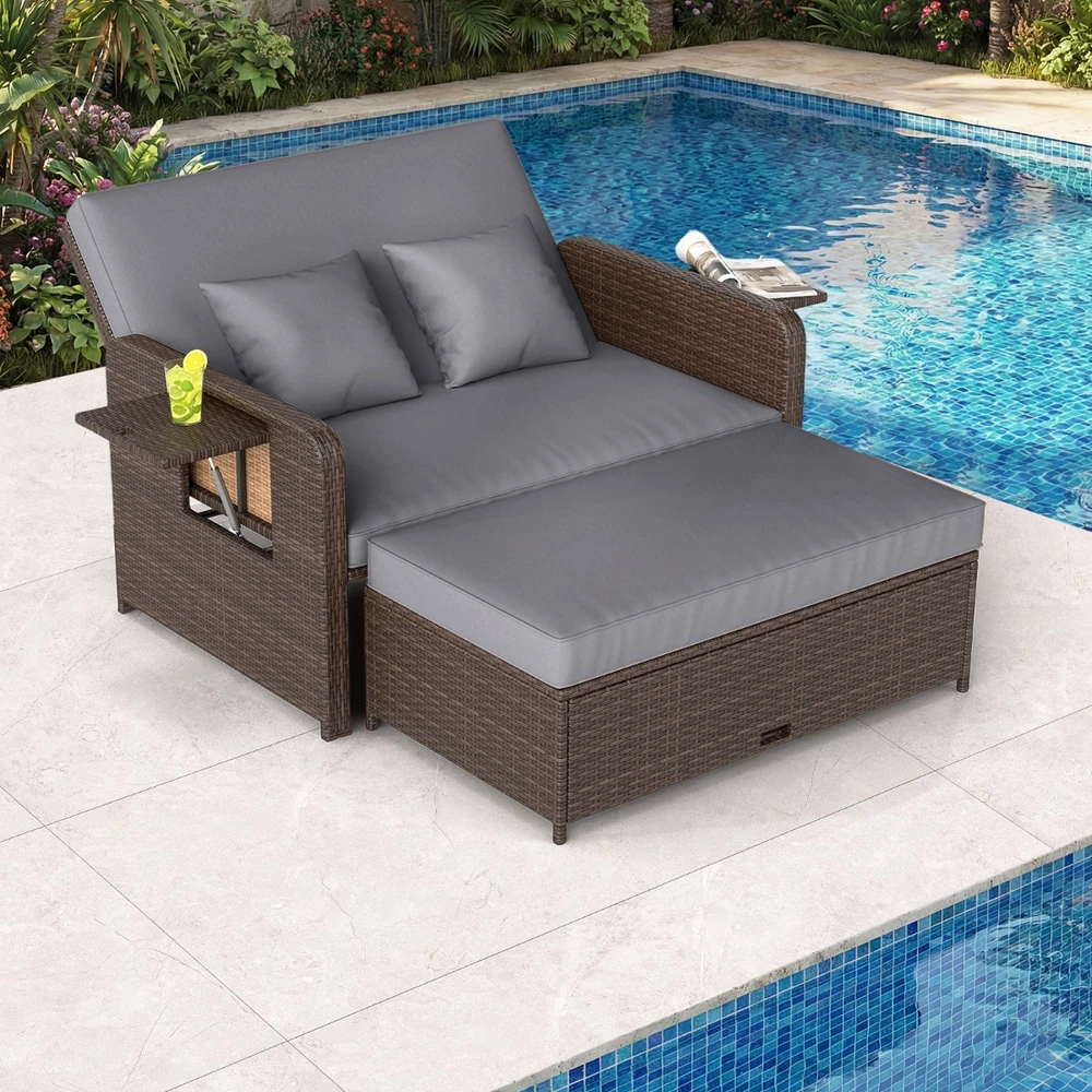 Promotions Sodo lova Dviejų vietų sofa ir daiktadėžė pufas 166x111x88 cm Ruda