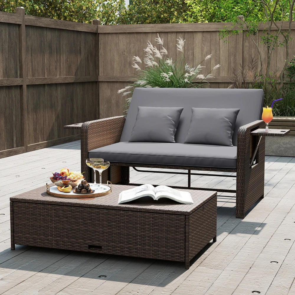 Promotions Sodo lova Dviejų vietų sofa ir daiktadėžė pufas 166x111x88 cm Ruda