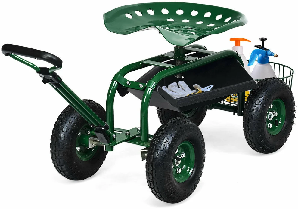 Promotions Sodo vežimėlis su įrankių padėklu ir 360° pasukamu sėdimu 97x43x48-53 cm žalias